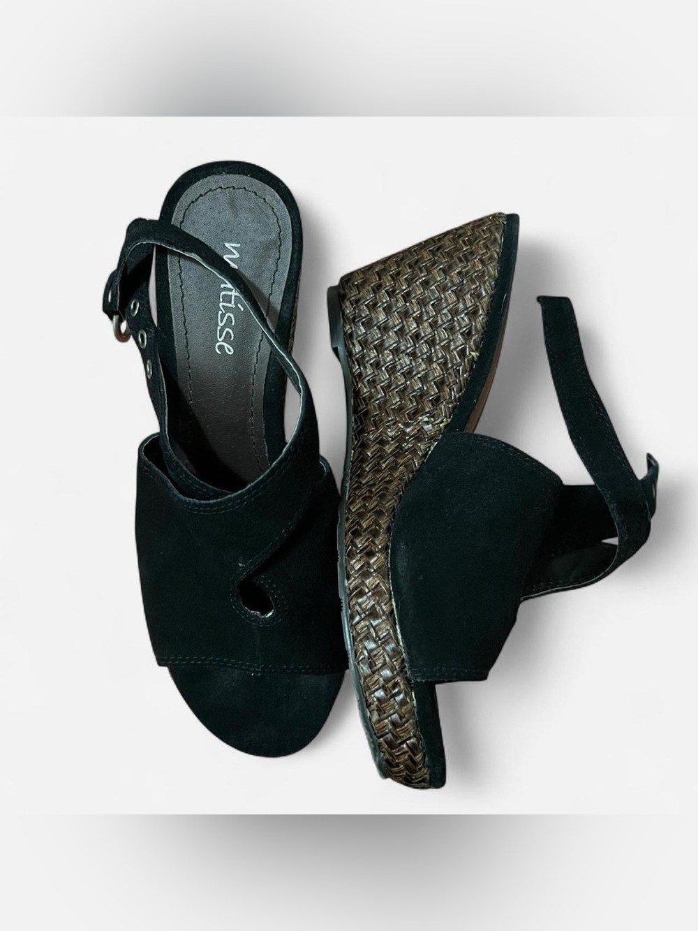 Matisse Black Suede Wedge Sandals with Woven Platform
